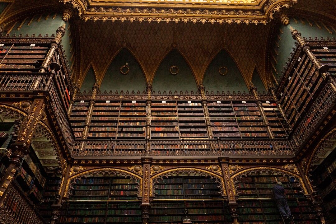 Tall gothic library shelves filled with old leather bound books